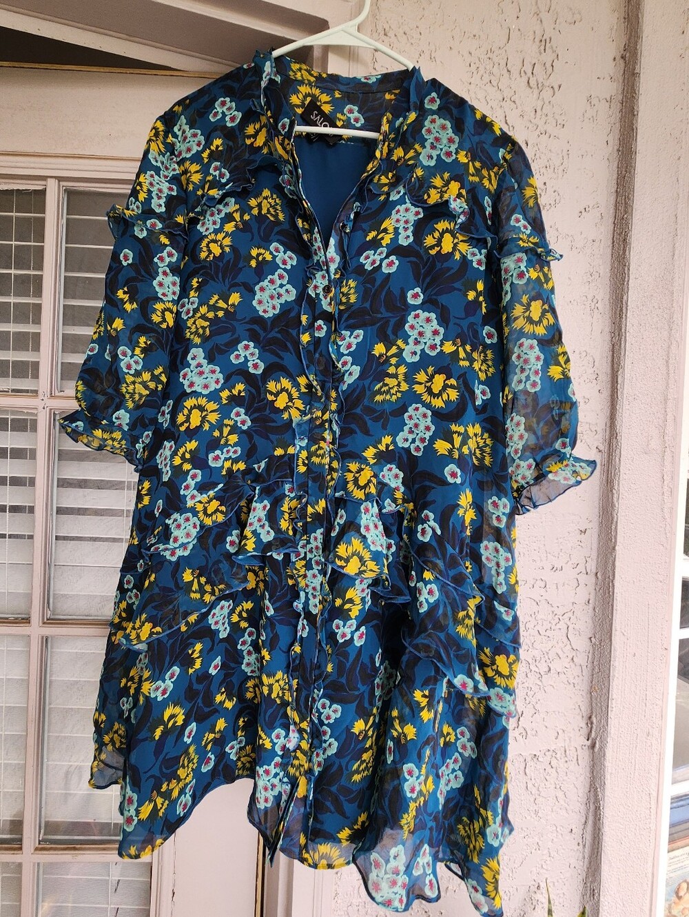 Saloni 100% Silk Teal Tilly Blue Floral Ruffle Tiered Dress Sz 10 - Picture 5 of 8